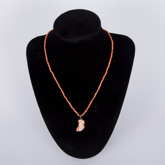 SOLD Vintage Angel Skin Coral Rice Style Beaded Necklace Carved Rose Pendant - Picture 2 of 10